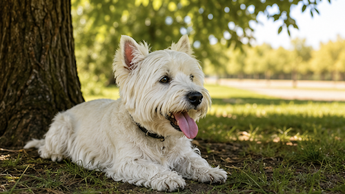 Westie che ansima sotto il sole estivo