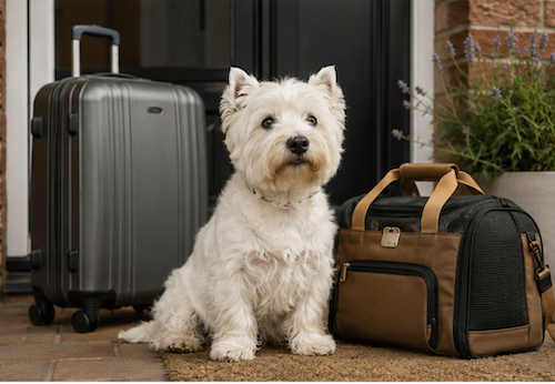 Westie con libretto sanitario e valigie, pronto per la vacanza