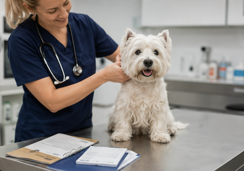 Westie in prato durante la vacanza estiva, protezione antiparassitaria