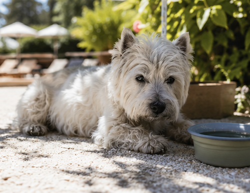 Westie pronto a partire con guinzaglio e borsa da viaggio