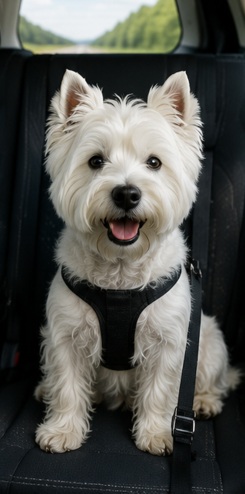 Westie in auto durante il viaggio per le vacanze