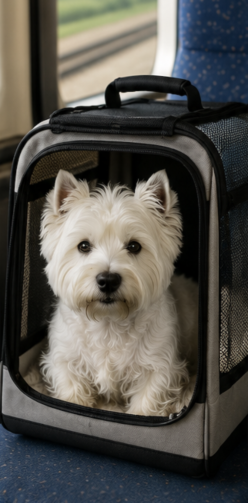 Westie con trasportino pronto per il viaggio in treno o aereo
