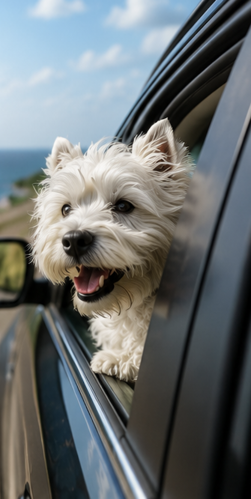 Westie in auto con finestrino aperto durante il viaggio estivo