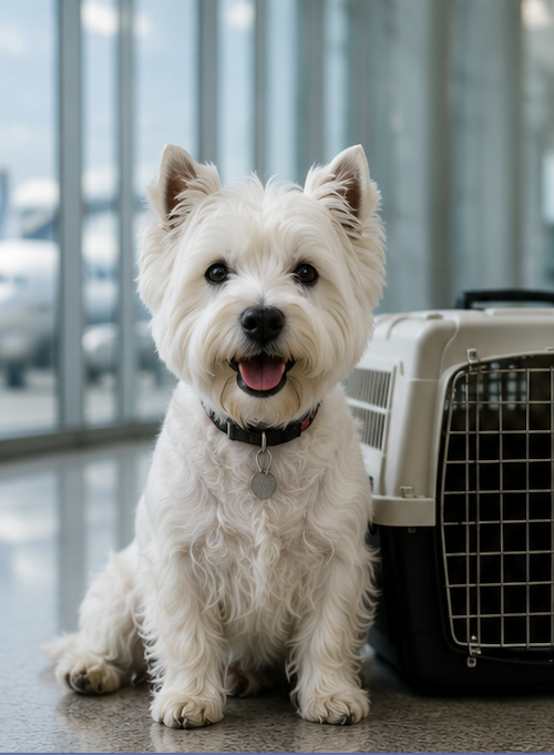 Westie felice arrivato a destinazione dopo il viaggio
