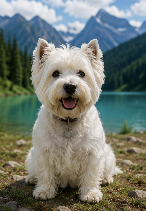 Westie sano e felice arrivato a destinazione per la vacanza