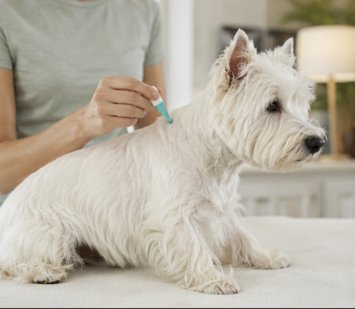 Westie con antiparassitario, prevenzione zecche